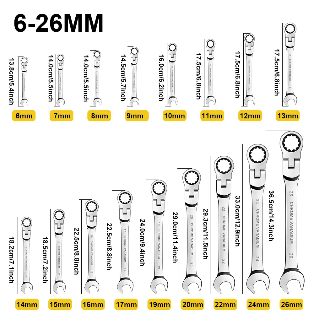 17Pcs Flexible Head Combination Wrench Set - Chrome Vanadium Steel High Torque Tool, Multifunctional Combination Spanner Kits with Off-Corner Loading, Double-Ended Flexible Extension, No Assembly for Automotive Mechanics & DIY Maintenance, Multifunctional