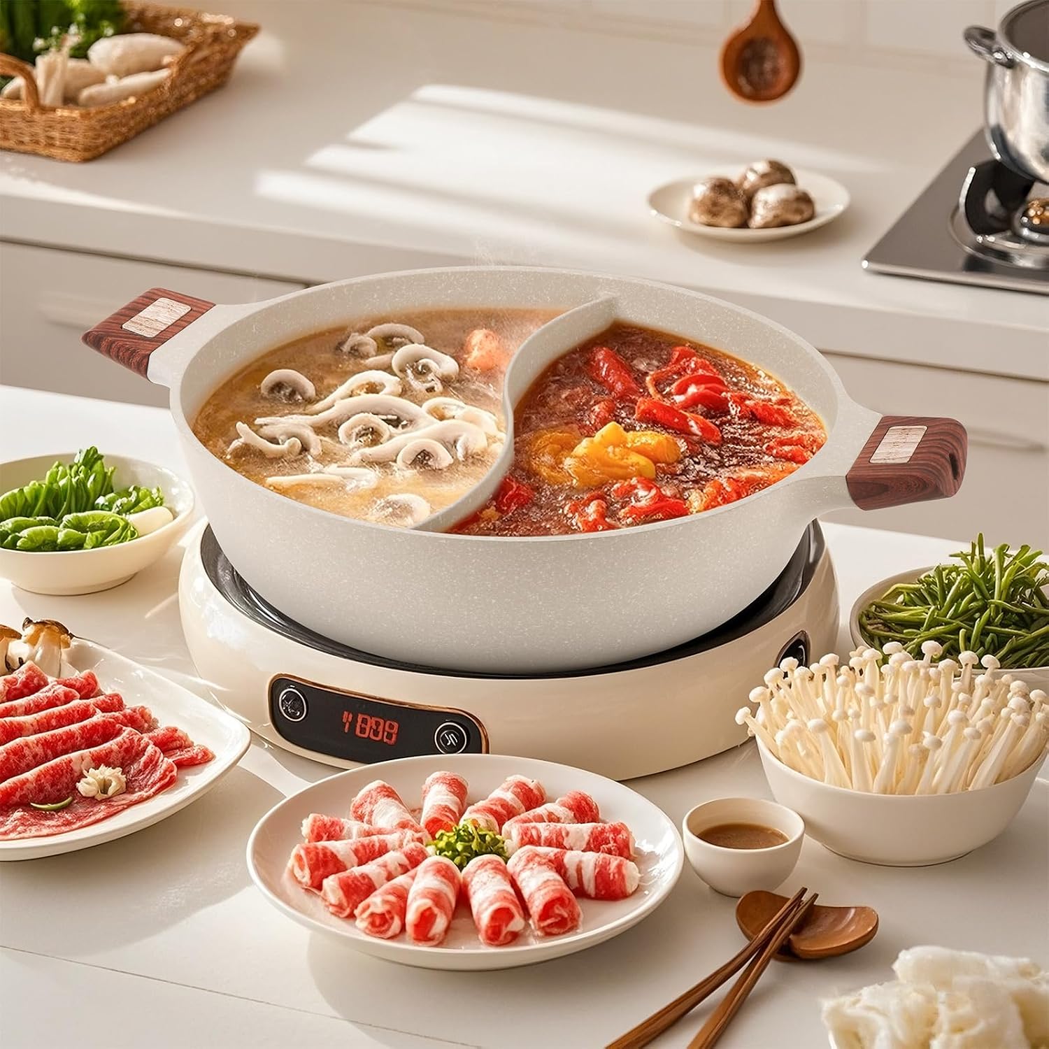 Dual Sided Hot Pot with Divider, 7QT Non-Stick Shabu Shabu Pot, Split Cooking Pan for Induction Stove, Family Party Cookware，gift