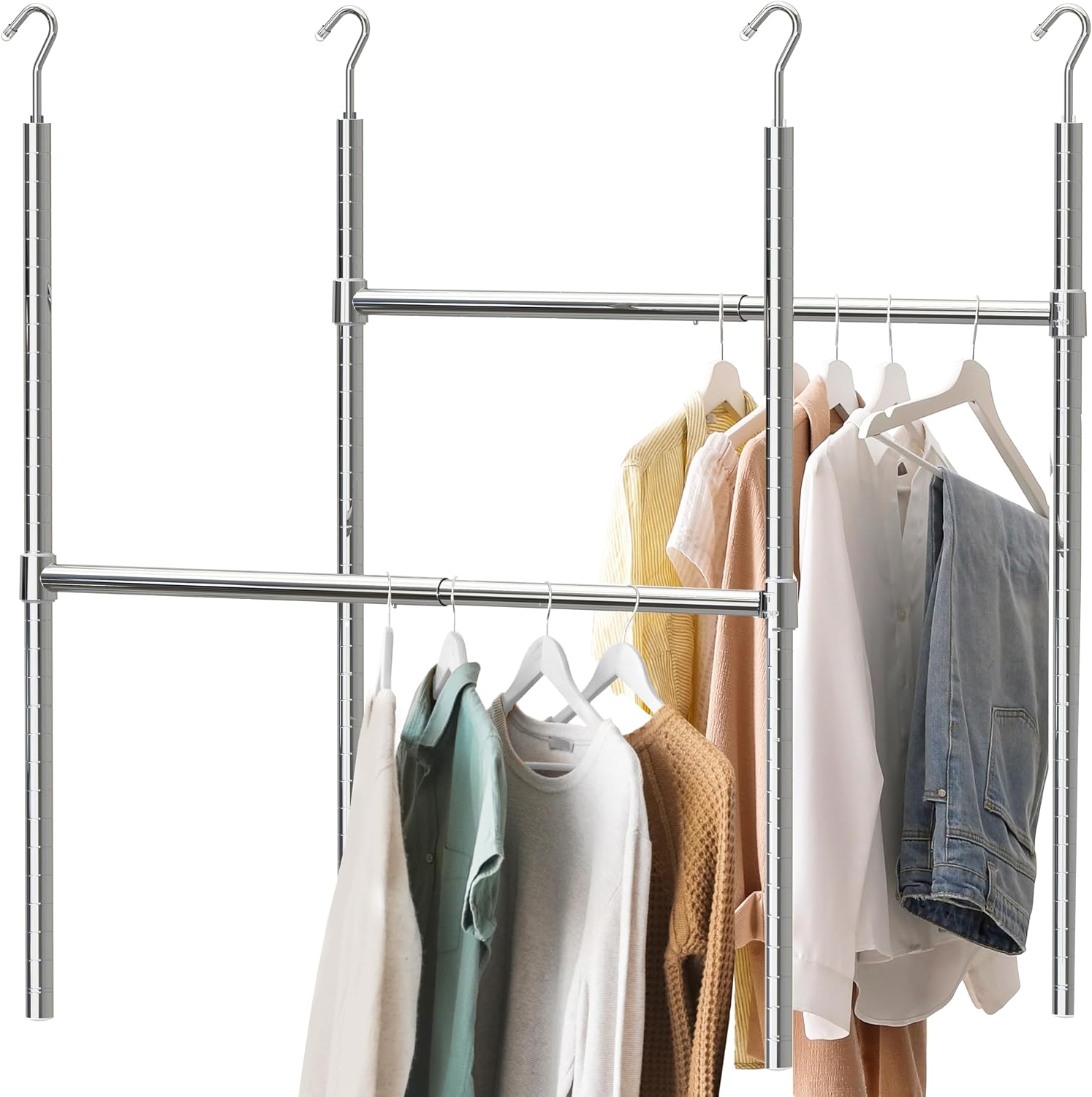 HULIABU Adjustable Double Hanging Closet Rod, Expandable Wardrobe Organizer, Space Saving Storage Rack, No Drill Clothes Hanger for Bedroom & Apartment