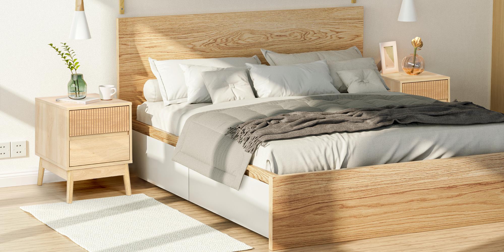 VOWNER Fluted Wooden Nightstand, End Table with 2 Drawers and Solid Wood Legs, Beside Table with Storage for Bedroom, Living Room