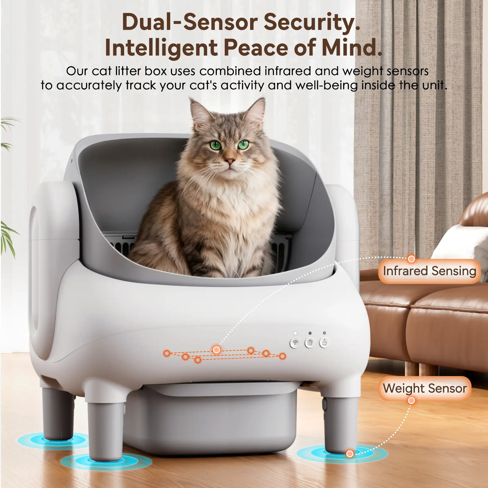 FUMOI Automatic Litter Box for Multi-Cat Homes - Open-Top Auto Cleaner, APP Control, Safety Sensors, Odor Lock, 10.5L Large Waste Bin (2.4G WiFi Only)