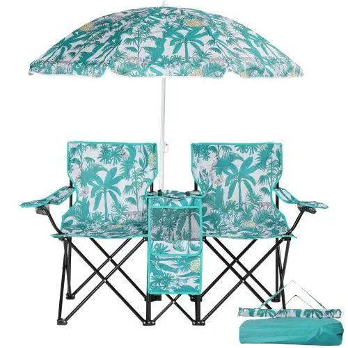 Folding Double Camping Chair with Umbrella, Built‑in Cooler, Cup Holders & Fold‑Up Side Table, Portable Heavy‑Duty Outdoor Chair for Beach Patio Garden