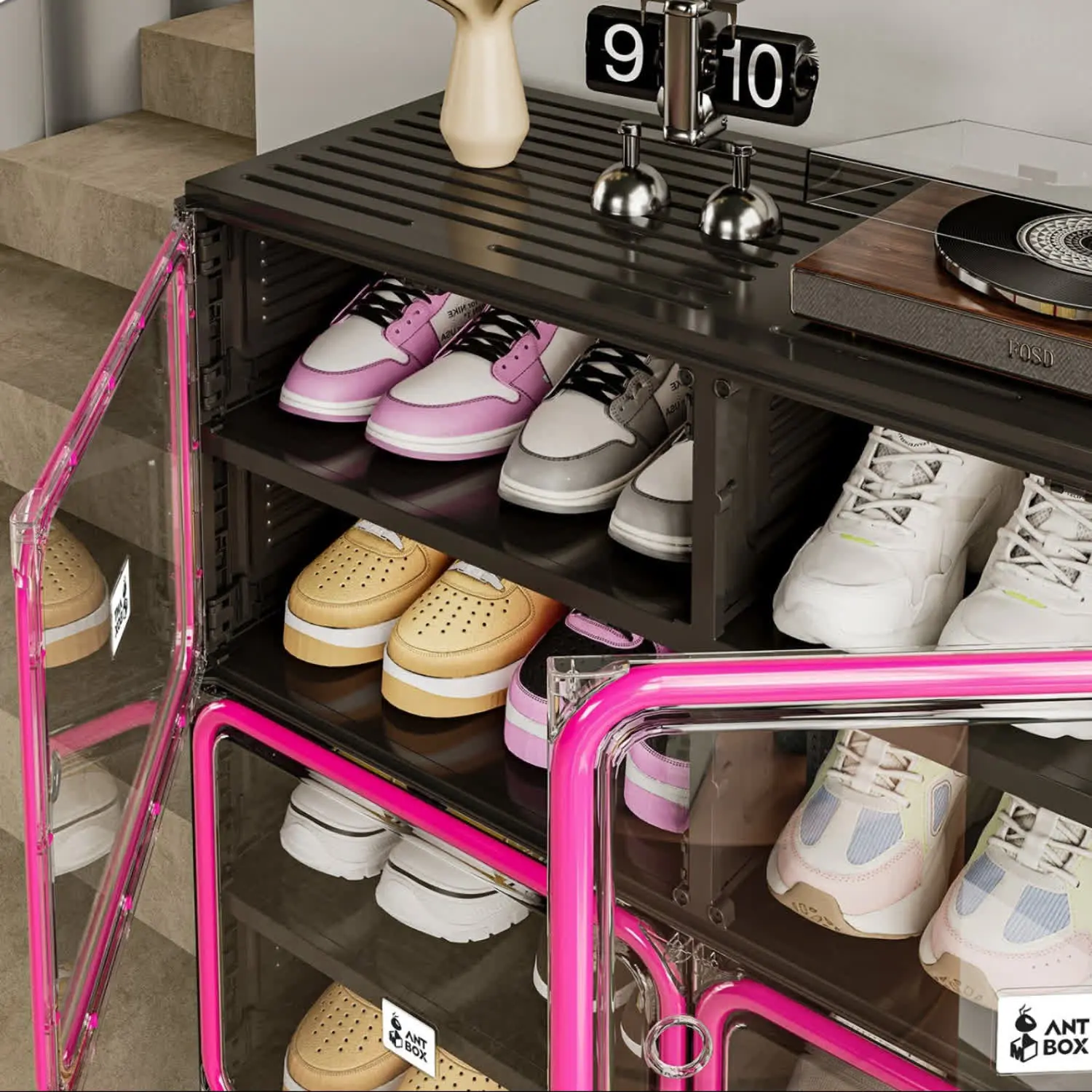 8 Tier Colorful Shoe Storage Cabinet, Black & Red Stackable Foldable Shoe Organizer with Magnetic Clear Doors, Large Capacity Sneaker Storage Cabinet for Bedroom, Closet & Apartment