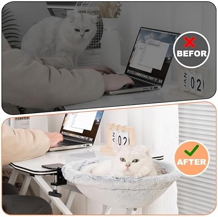 Cat Desk Bed 180&deg; Rotating Rabbit Fur Cat Bed, Soft Indoor Cat Nest for Office Desk, Gaming Table & Island Counter, Supports 50 lbs, Light Grey sohochic