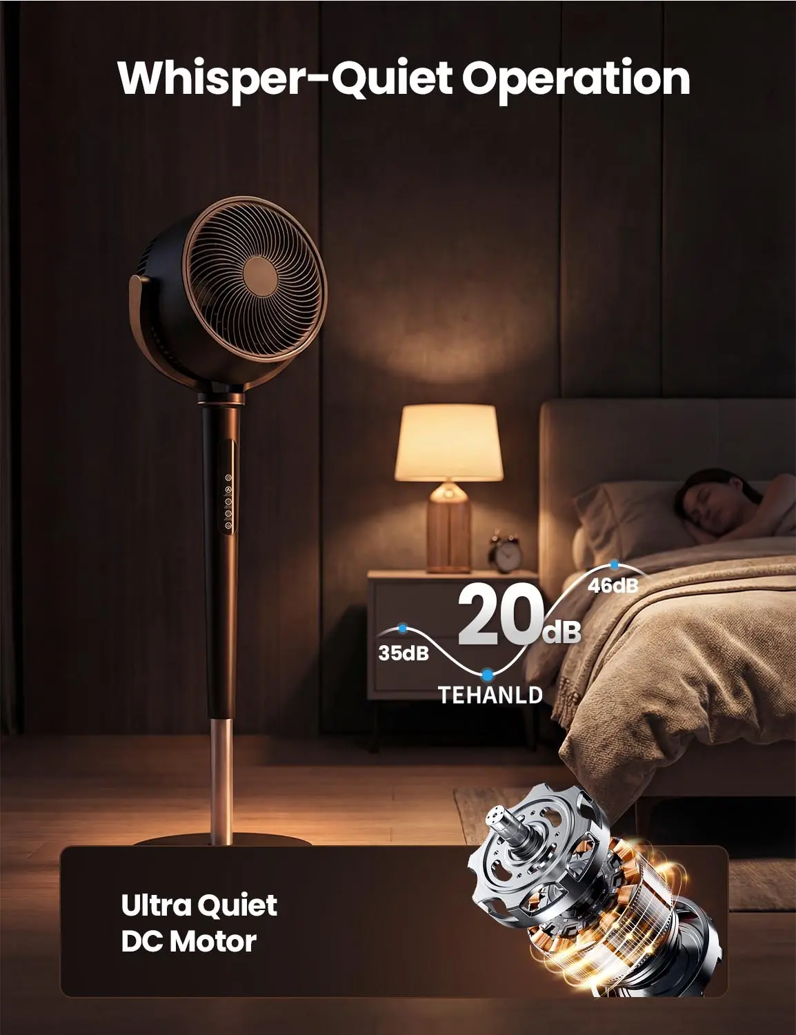 TEHANLD Fan for Bedroom, 120° Oscillating Standing Fan, Quiet Floor Fan with DC Motor, 100ft Pedestal Fan for Room, 16 Speeds, 4 modes, 20dB, 37-45" Adjustable Height, 12H Timer，With ambient lighting