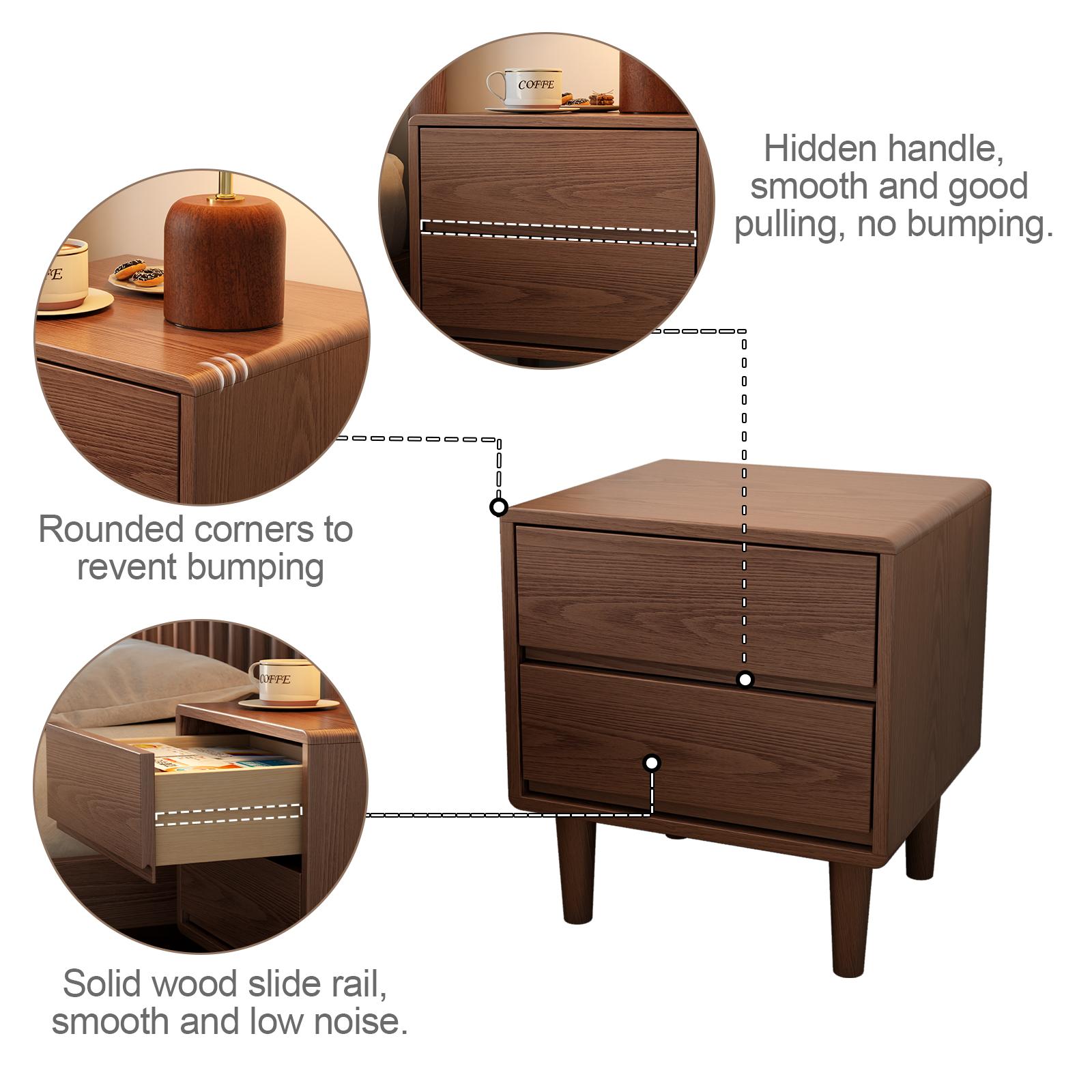 Solid Wood Nightstand with Drawers - Mid-Century Modern Storage Nightstand, Hand-Polished Edges Refined Wood Bedside Table for Modern Bedroom Arm’s Reach Storage