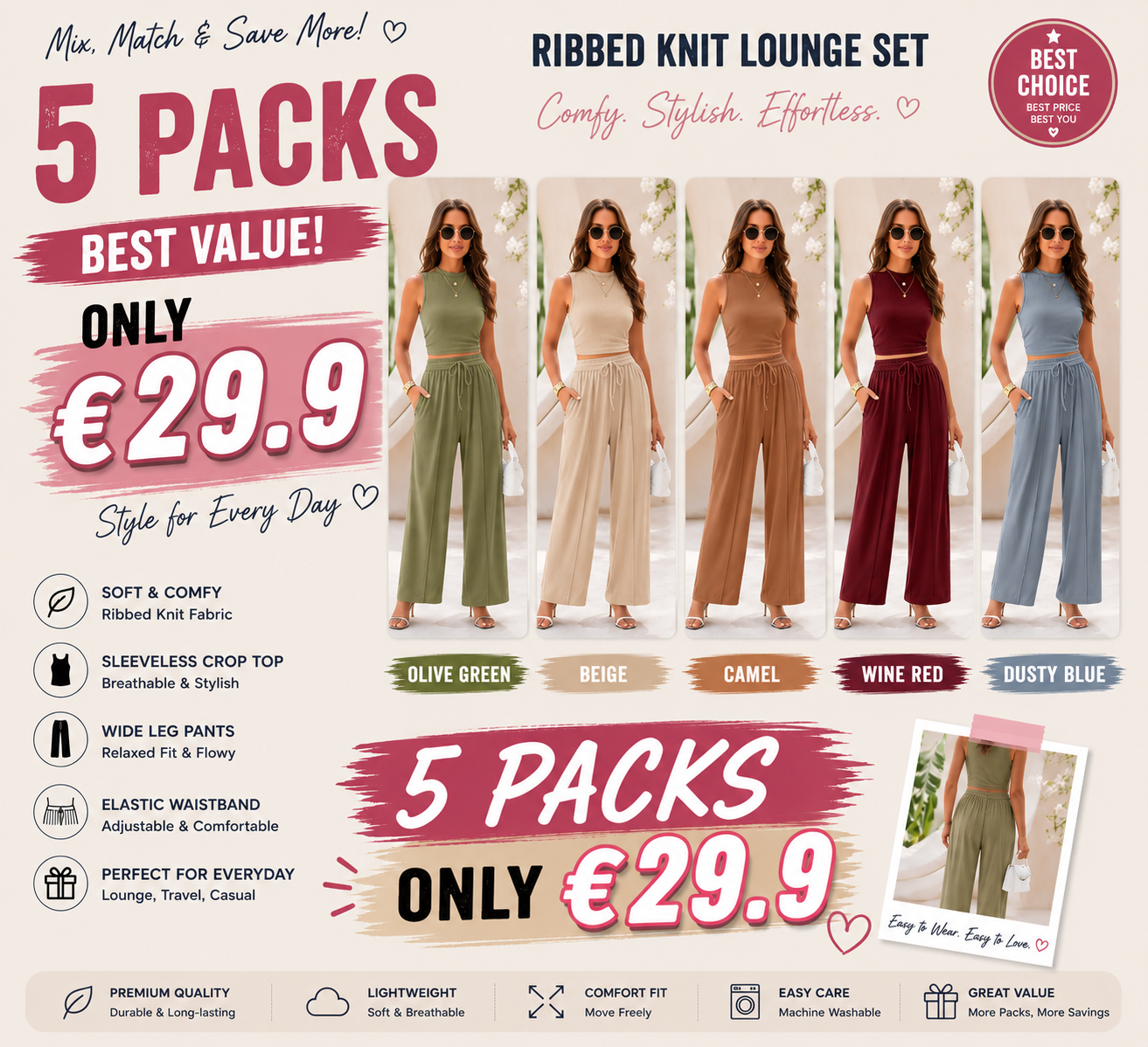 Women's Summer 2-Piece Outfits Ribbed Knit Lounge Sets
