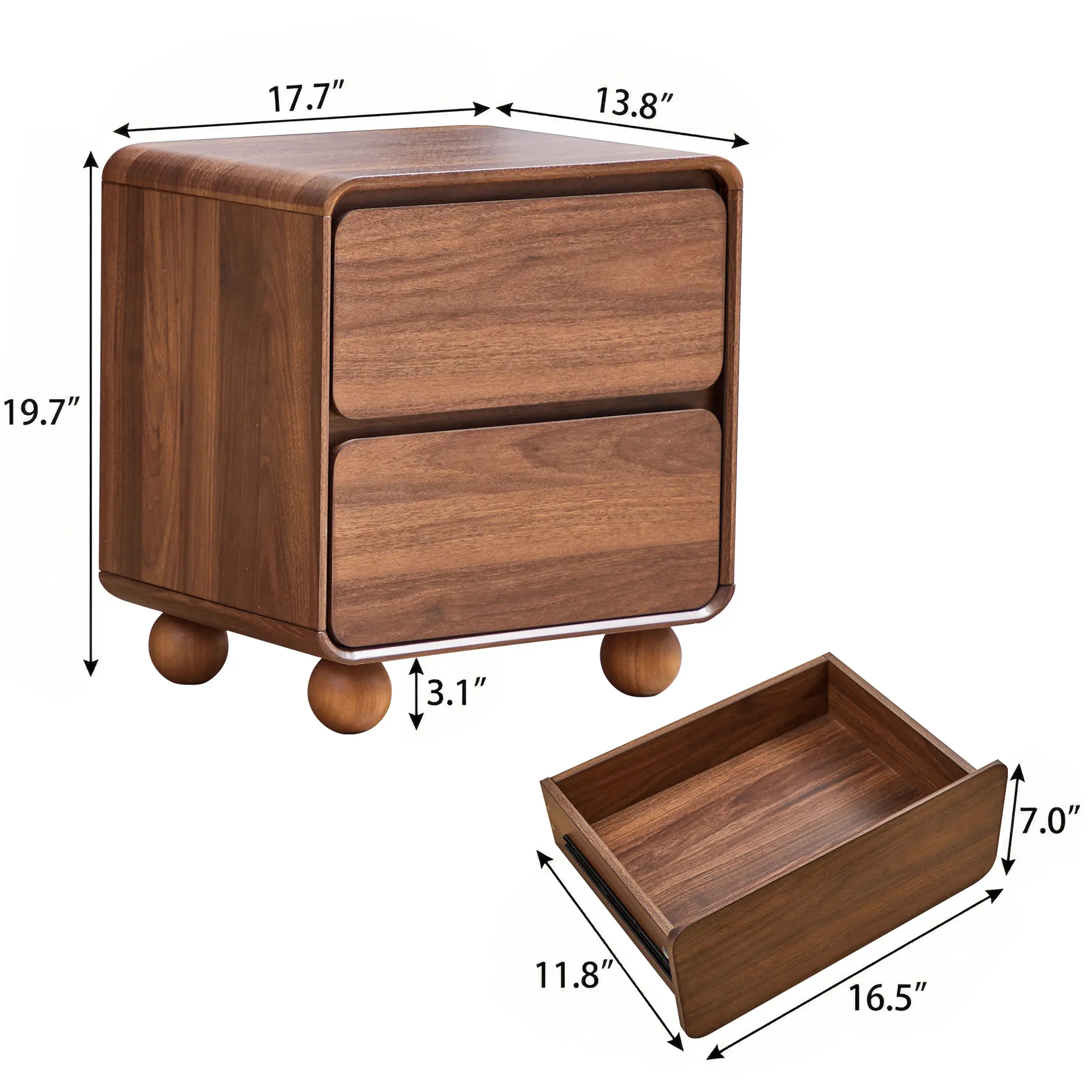 Mid‑Century Modern Nightstand with 2 Drawers, Solid Wood Legs & Curved Profile, Compact Side Table for Small Spaces, Dorms & Bedrooms