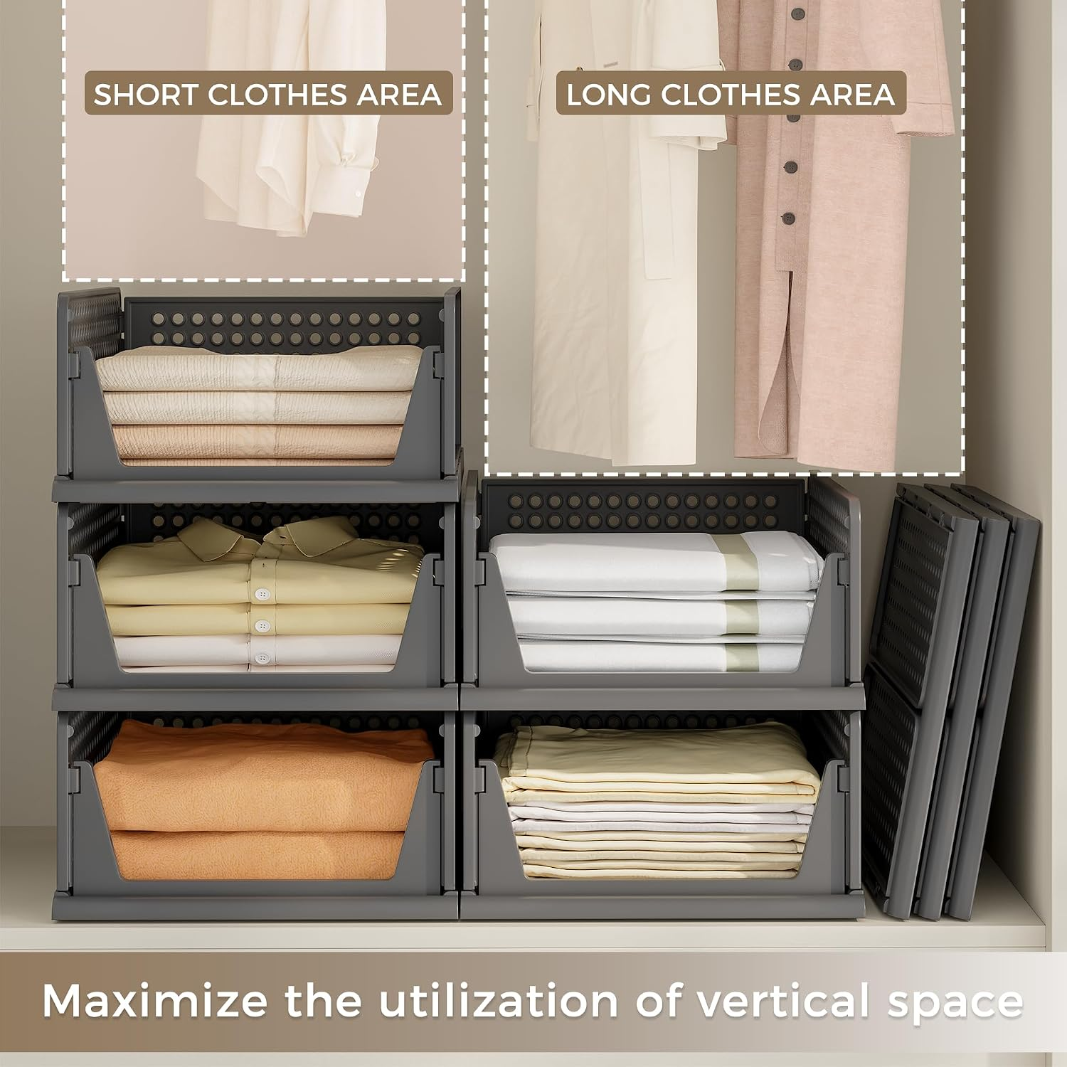 5 Pack Stackable Plastic Storage Closet Organizers and Storage Bins Drawer Shelf Storage Container for Wardrobe Cupboard Kitchen Bathroom Office White