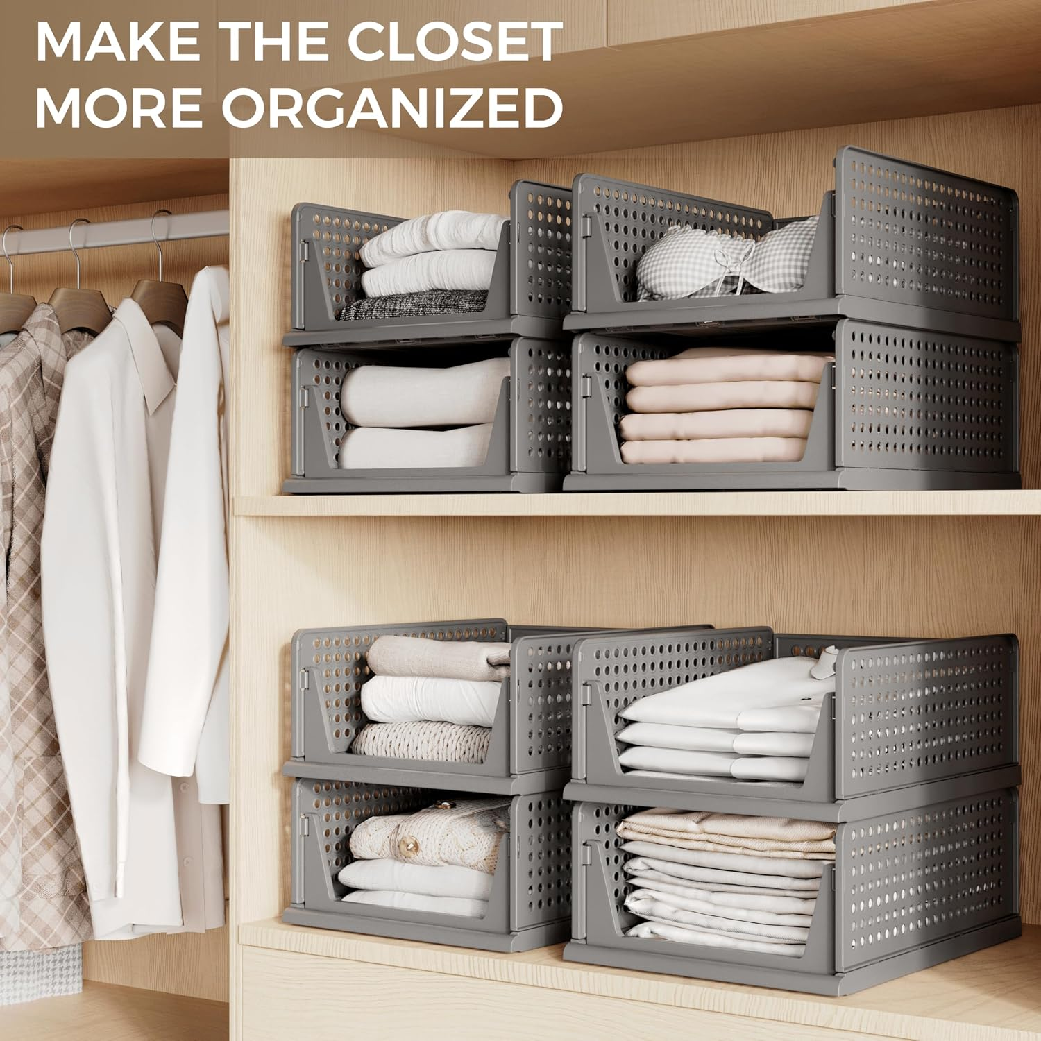 5 Pack Stackable Plastic Storage Closet Organizers and Storage Bins Drawer Shelf Storage Container for Wardrobe Cupboard Kitchen Bathroom Office White