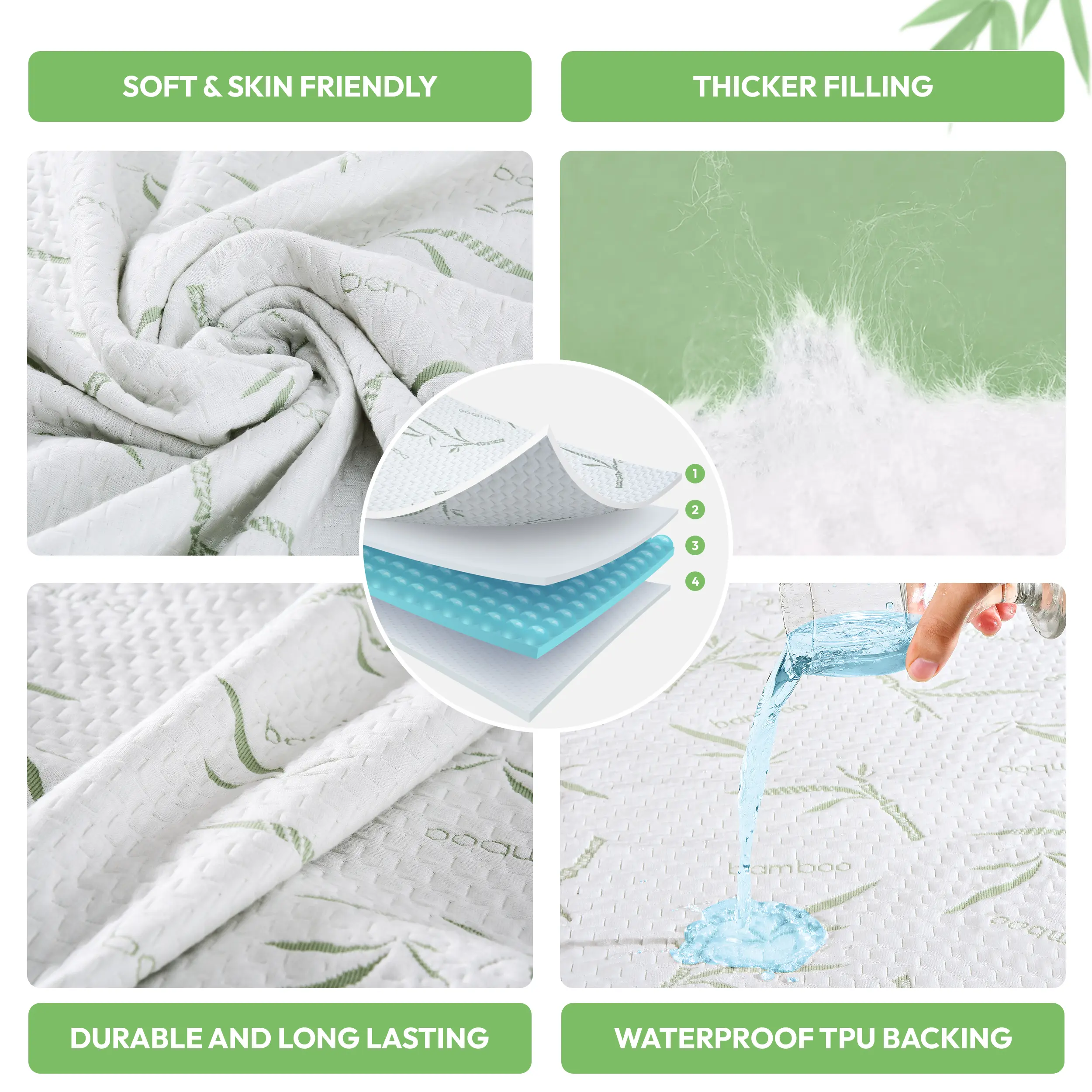 Bamboo Waterproof Mattress Protector – Cooling Quilted Soft Breathable Skin-Friendly Noiseless Mattress Cover, Elastic Fitted with 16” Deep Pocket, Durable & Easy-Care Bedding Protection Natural Fiber Topper