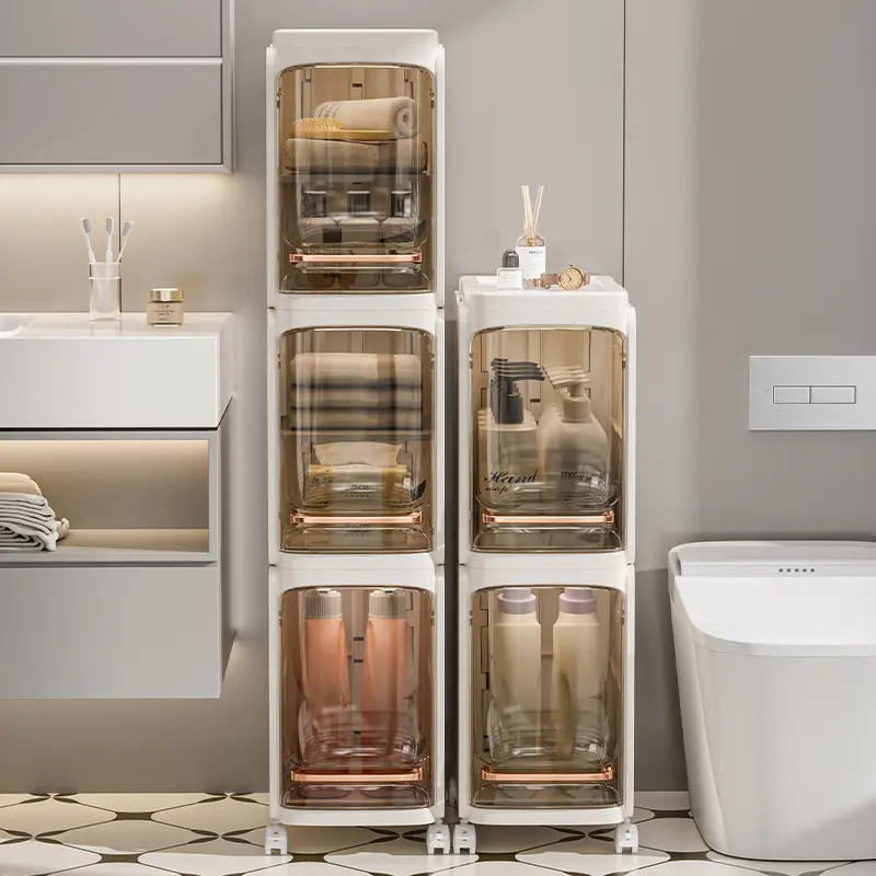 HULIABU 5-Layer Tall Narrow Plastic Storage Organizer - Slim Rectangular Cabinet with Doors, Adjustable Shelves, Wheels, Stackable Foldable Design, Under Sink Organization, Compartments, Ideal for Small Spaces, Renters,dorm essentials,home decor
