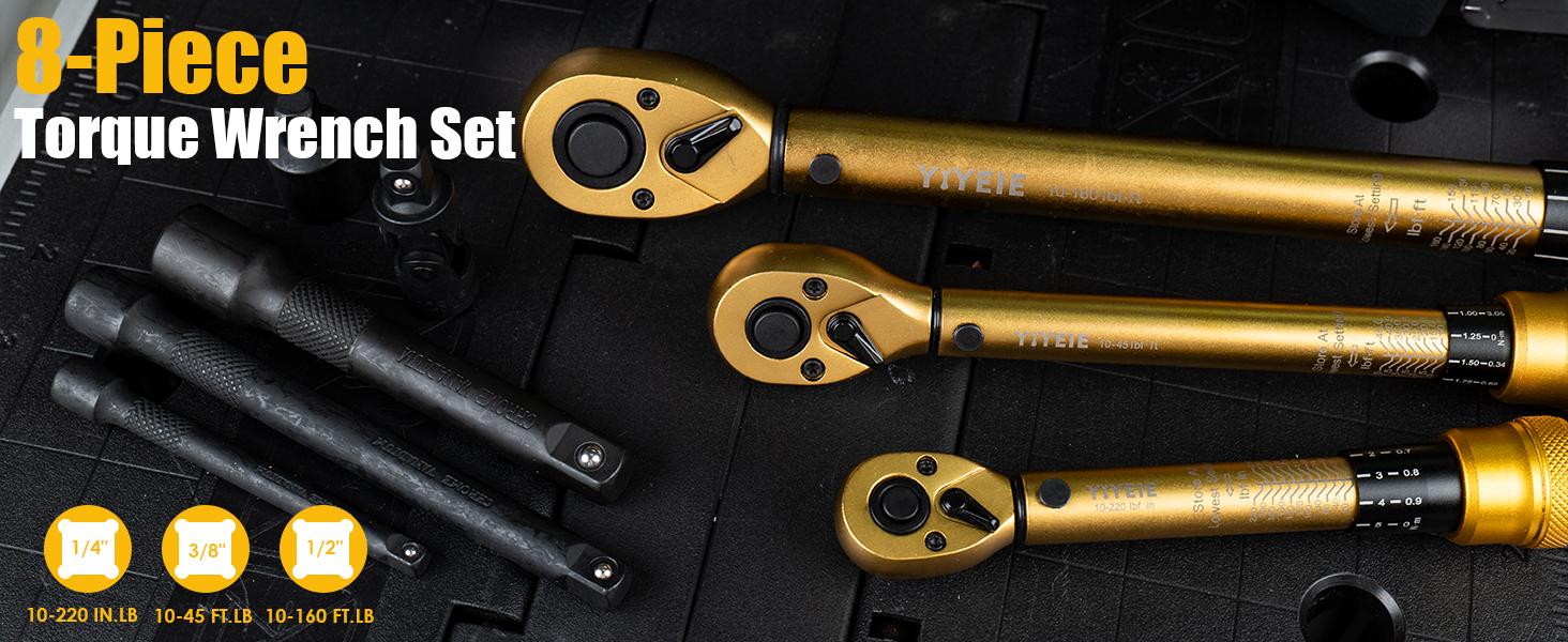 YIYEIE1/4 3/8 1/2-inch Drive Click Torque Wrench, 8Pcs Torque Wrench Set 10-220in.lb, 10-45ft.lb, 10-160ft.lb with Adapters, &plusmn;3% Accuracy, 72-Tooth Dual Scale Torque Wrenches for Bike, Moto, Car Repair wrenches torque wrench