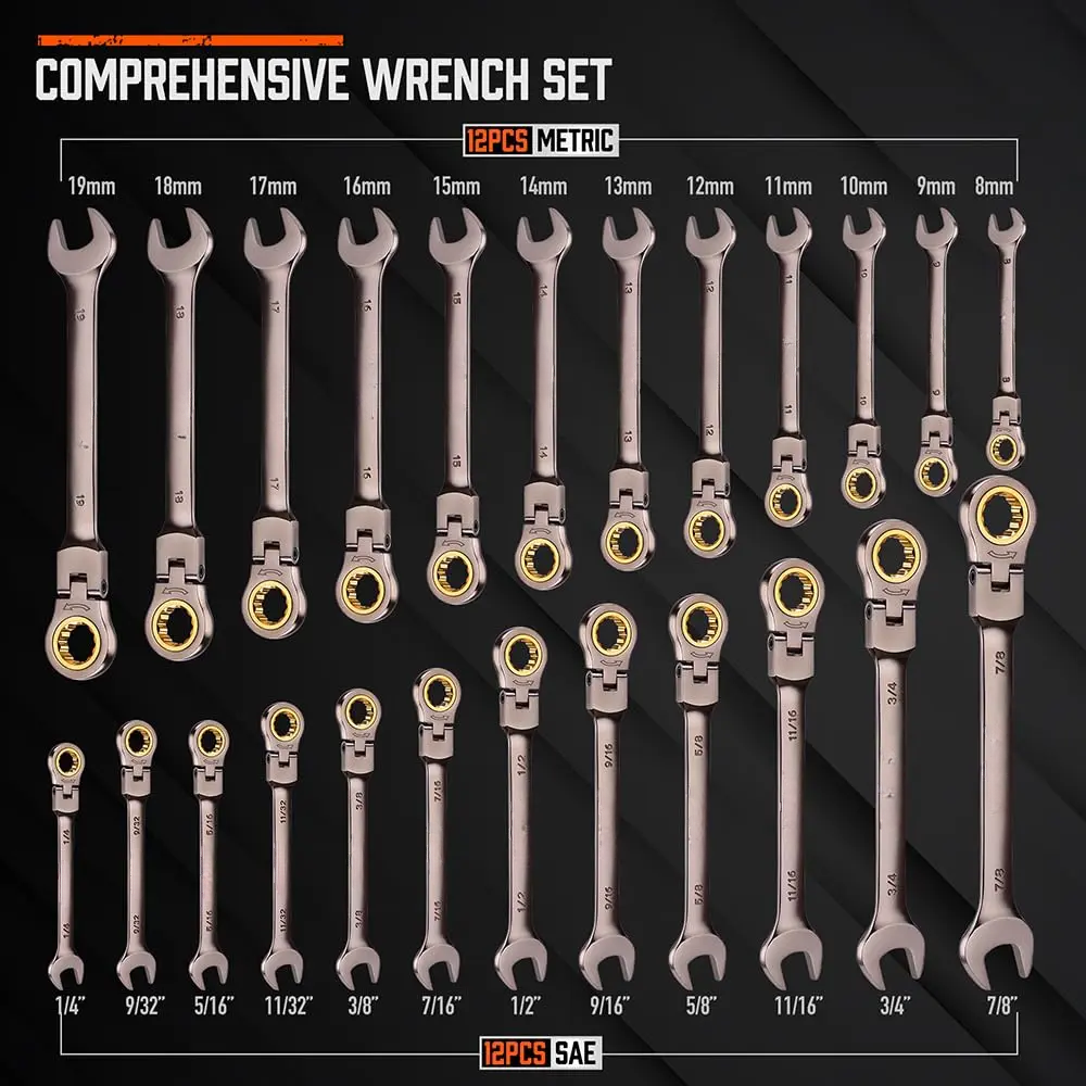 24PC Flex-Head Ratcheting Wrench Set | Metric and SAE | Ratchet Combination Wrenches Set with Organizer | 72-Teeth | Chrome Vanadium Steel Hardware, Gift, Spring Glow Up