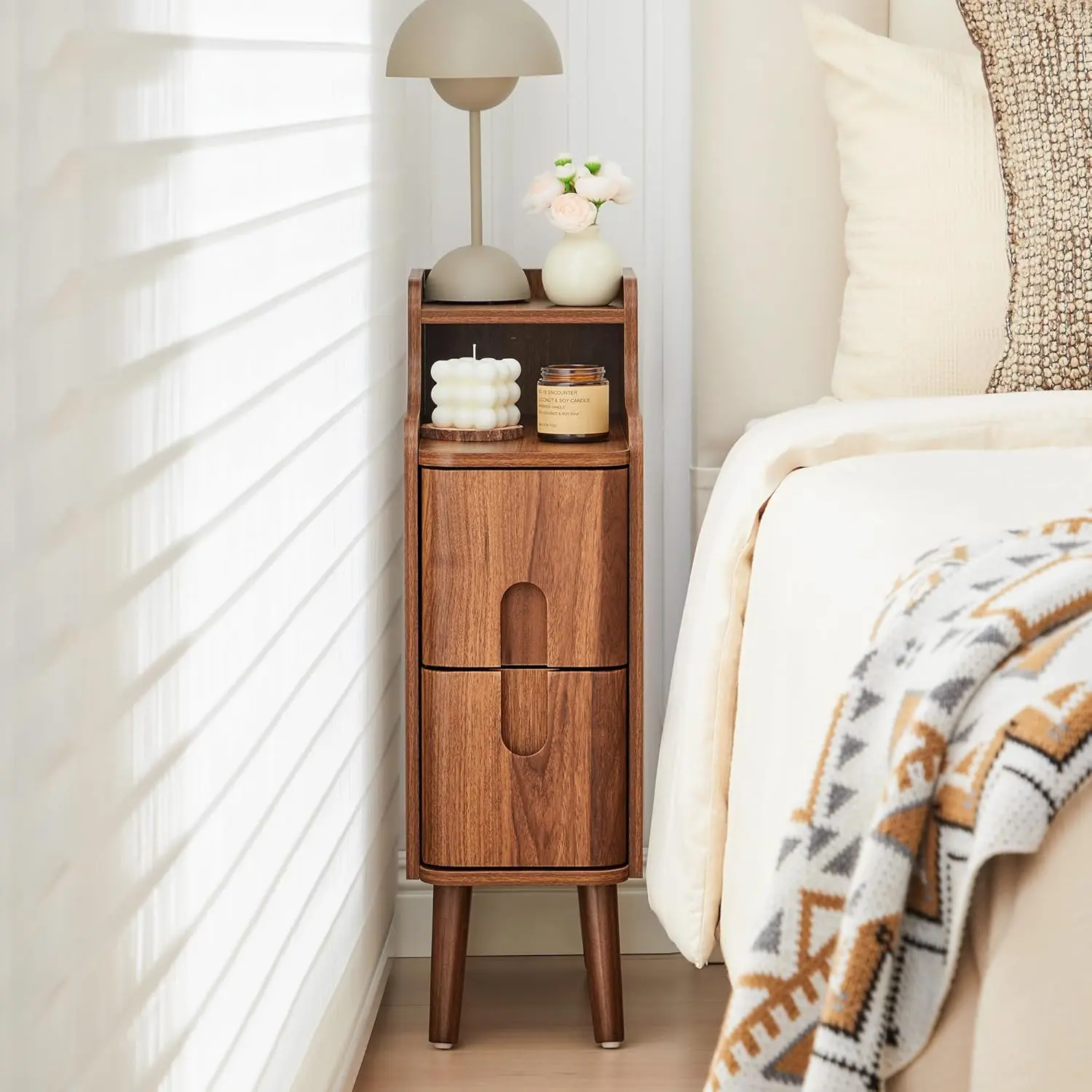Narrow Vintage Wooden Nightstand, Compact 2‑Drawer End Table for Small‑Space Bedroom & Living Room