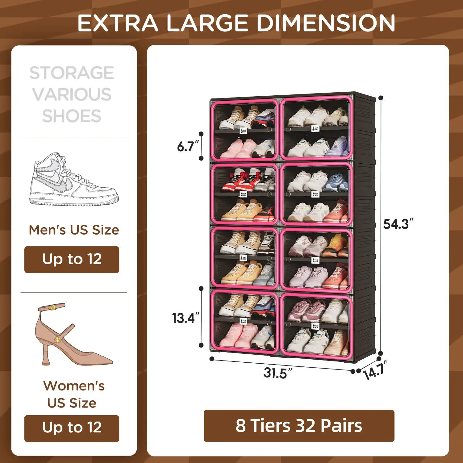 8 Tier Colorful Shoe Storage Cabinet, Black & Red Stackable Foldable Shoe Organizer with Magnetic Clear Doors, Large Capacity Sneaker Storage Cabinet for Bedroom, Closet & Apartment