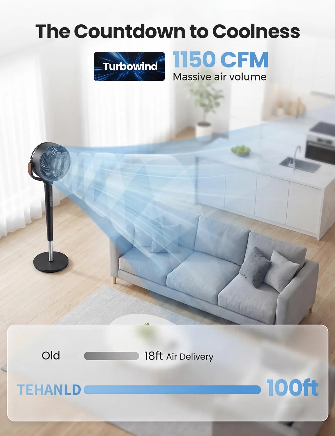 TEHANLD Fan for Bedroom, 120° Oscillating Standing Fan, Quiet Floor Fan with DC Motor, 100ft Pedestal Fan for Room, 16 Speeds, 4 modes, 20dB, 37-45" Adjustable Height, 12H Timer，With ambient lighting