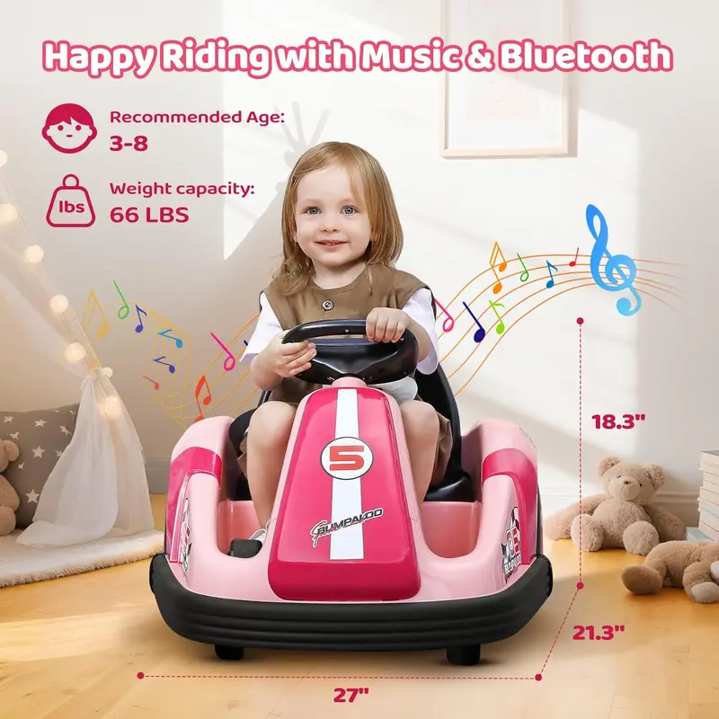 12V Kids Bumper Car with Big Wheel, 2.2 Mph Max,Ride on toys for Toddlers with Remote, Baby Bumping Toy Car with DIY Stickers,360 Degree-Spin, Music, Bluetooth,LED Lights