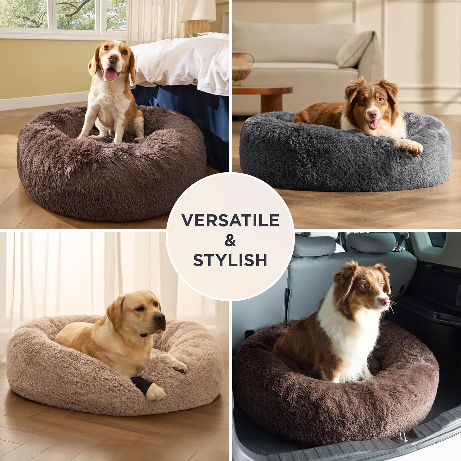 Calming Dog Beds Large Sized Dog - 36in Donut Washable Large Pet Bed,Anti-Slip &Removable Cover,420GSM Round Anti-Anxiety Fluffy Plush Faux Fur Bed, Fits u
