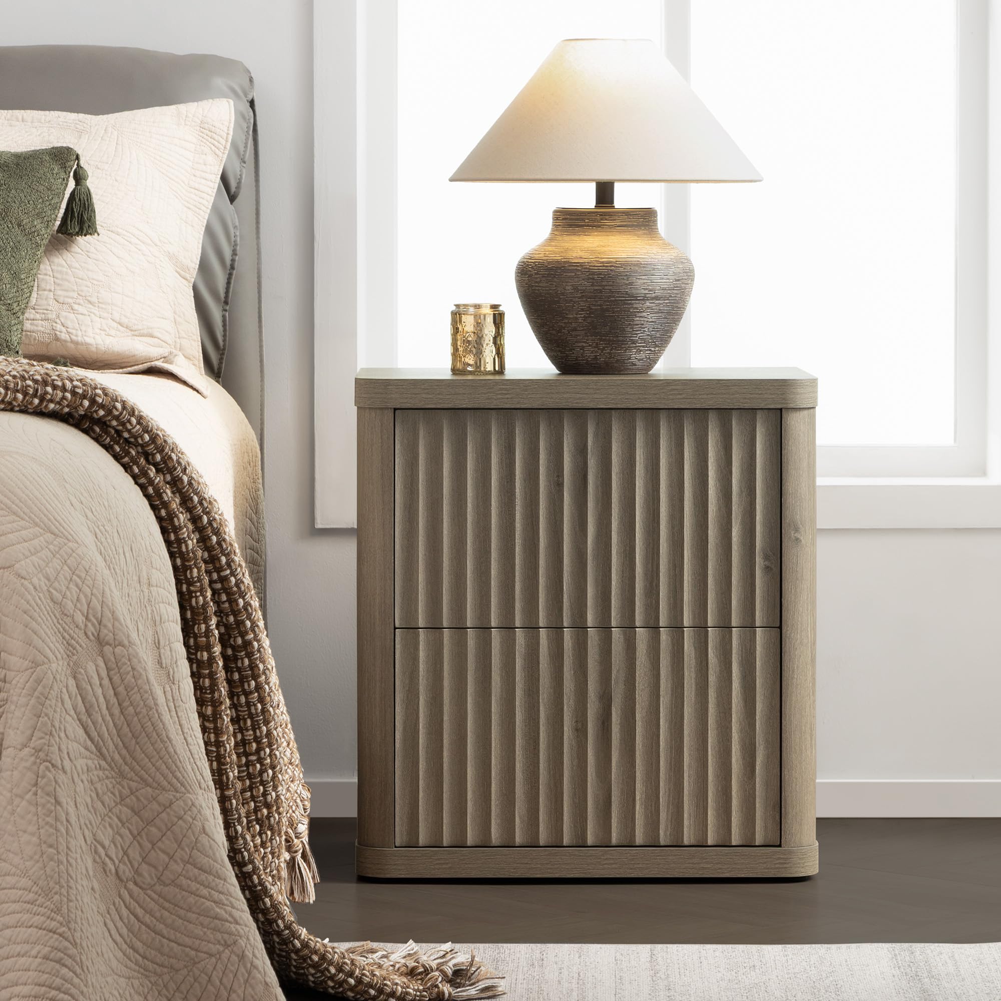 SICOTAS Set of 2 Wood Nightstands - 22.75" Wide Contemporary End Tables, Fluted Modern Bedside Table Cabinets with 2 Large Handleless Drawers, Curved Edges for Bedroom Small Spaces Furniture, Bedside Table Cabinet