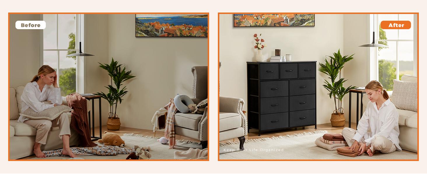 【Summer Sale】Sweetcrispy 9 Drawers Dresser for Bedroom, Storage Drawers, Fabric Storage Tower Chest of Drawers with Fabric Bins, Sturdy Metal Frame