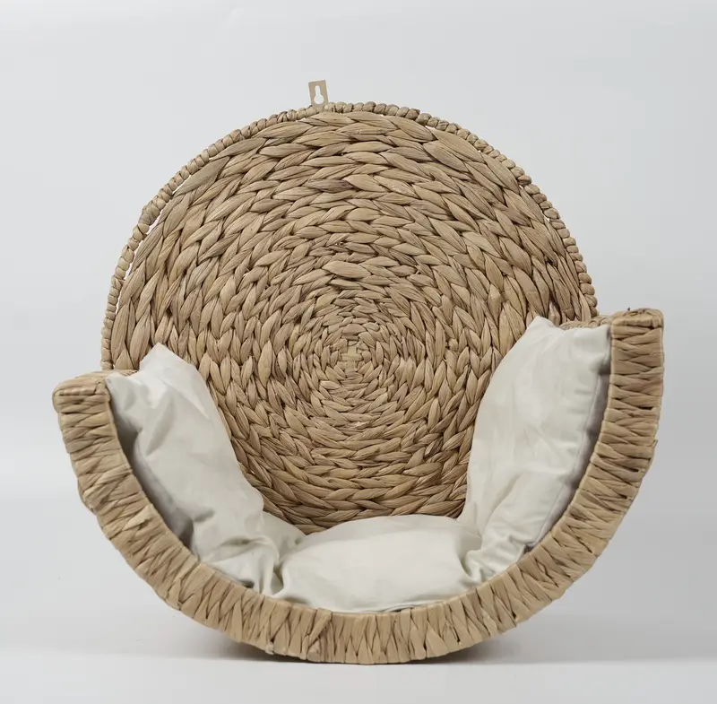 Hand‑Woven Wall‑Mounted Cat Bed, Floating Rattan Cat Perch with Soft Cushion for Indoor Cats