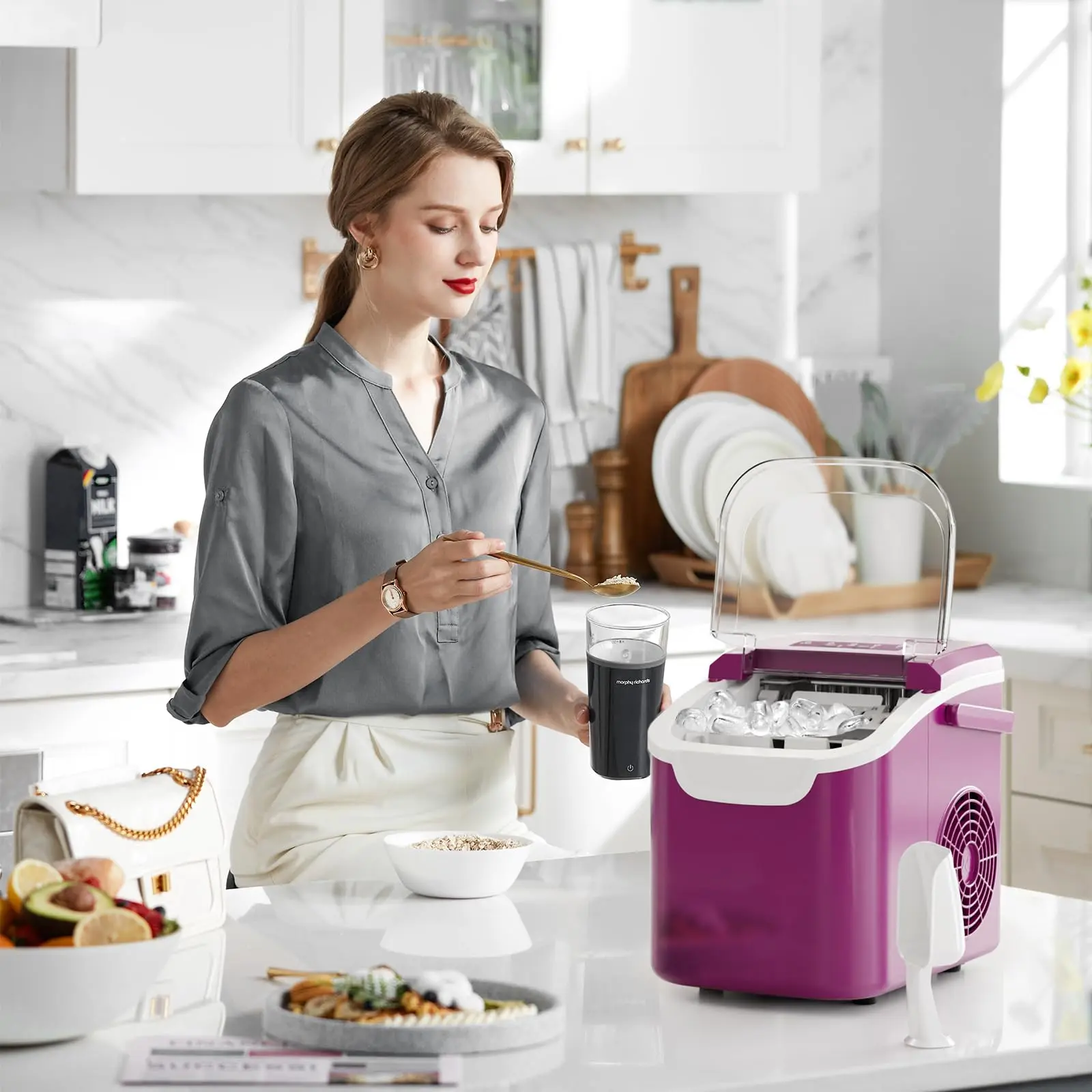Back To School - HULIABU Countertop Icemaker with Handle - Bullet Ice Making Machine, 8 Cubes in 6 Mins, Portable Self-Cleaning Ice Machine for Home/Office (Purple)