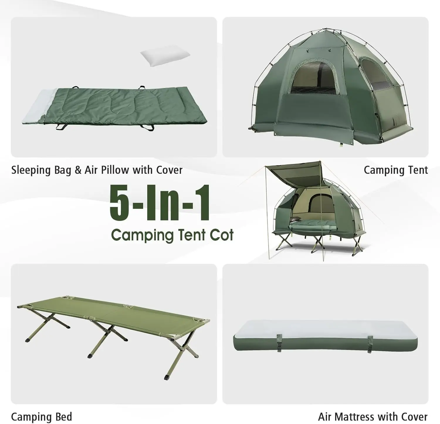 5-in-1 Tent Cot, Camping Tent Combo with Awning, Air Mattress, Sleeping Bag, Air Pillow, Camping Cot, with Carrying Bag for Outdoor Hiking