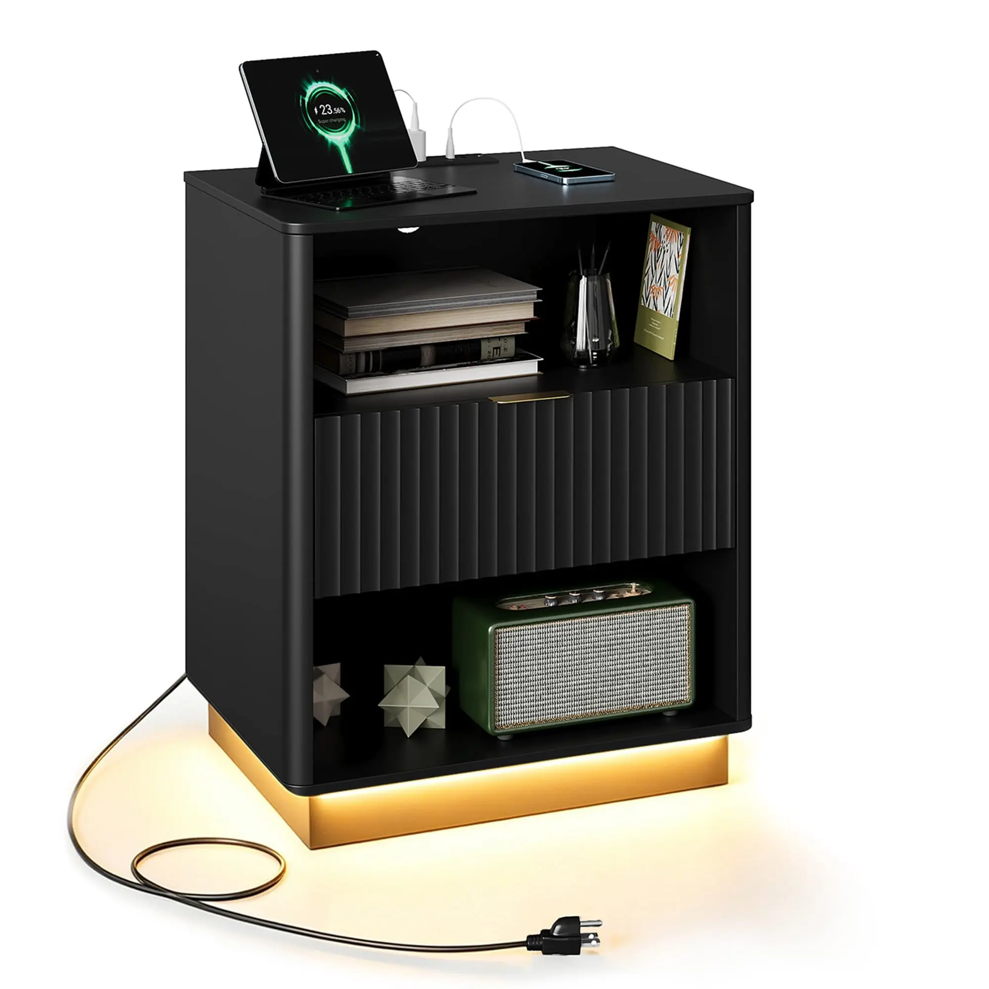 Modern Fluted Bedside Table with Built‑in Charging Ports & LED Light, Solid Wood Nightstand with Drawer, Mid‑Century End Table for Bedroom & Living Room