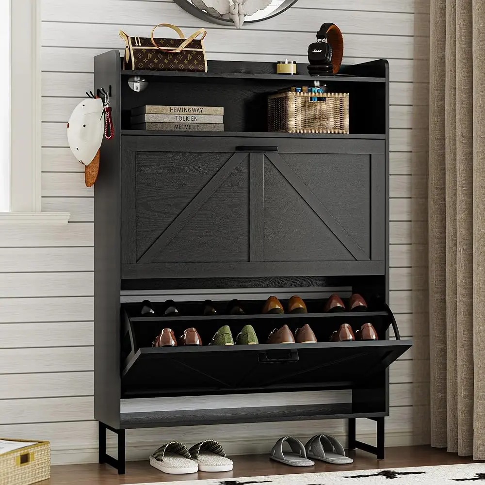 Freestanding Flip Shoe Cabinet - Slim Wooden Storage Rack
