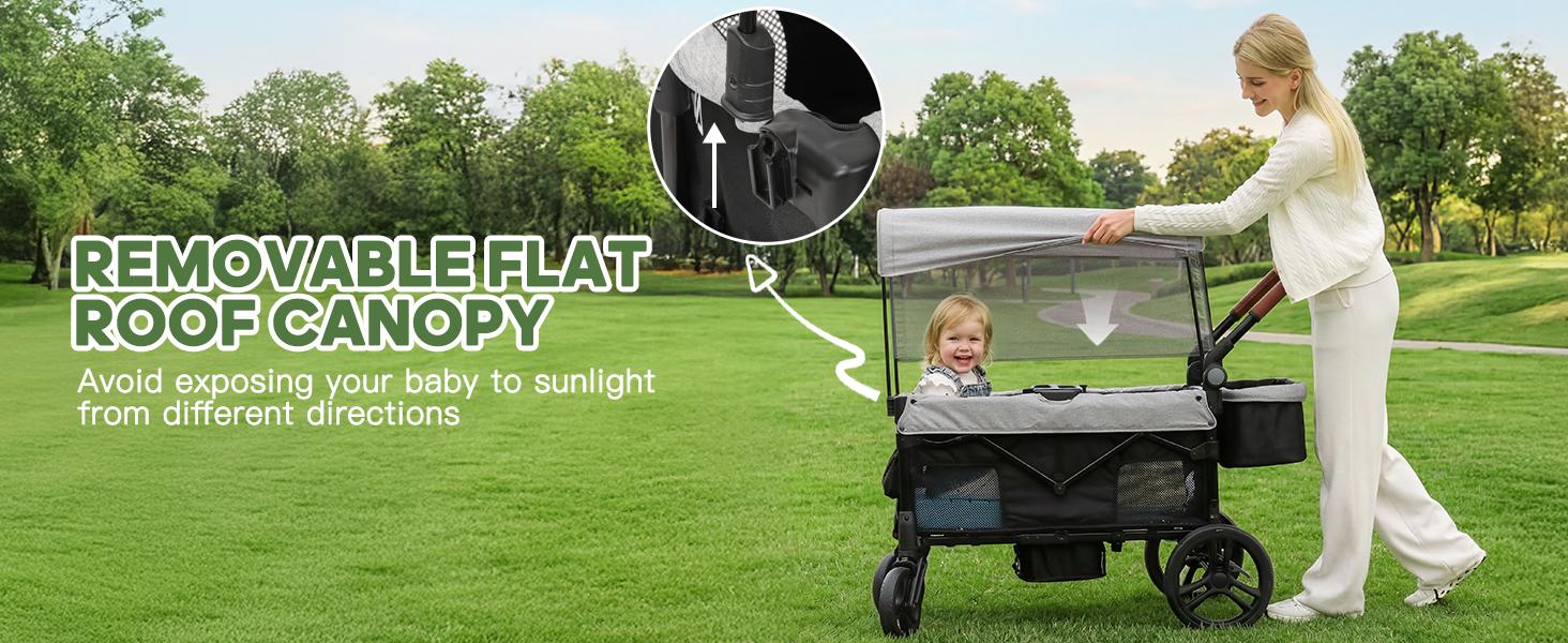 Dripex Stroller Wagon for 2 Kids, All-Terrain Foldable Kids Wagon Stroller with Removable Canopy, Mosquito Net, Snack Tray, Cup Holders & Storage Basket