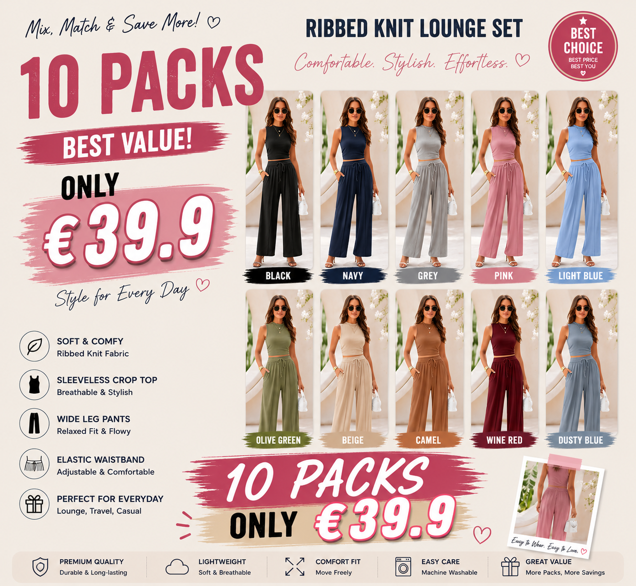 Women's Summer 2-Piece Outfits Ribbed Knit Lounge Sets