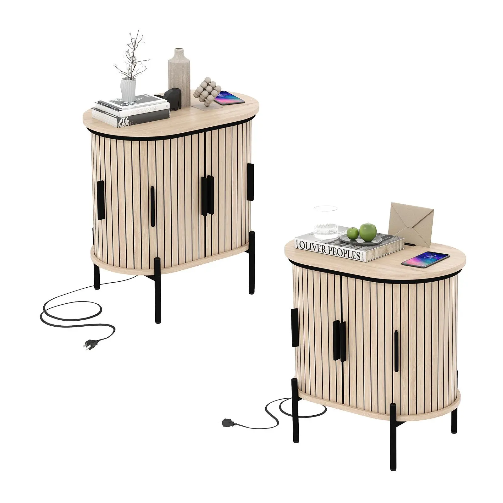 Chic Mid-Century Oak Wood Nightstand, Fluted Tambour Bedside Table with Charging Port, Storage Cabinet, Easy Assembly, Compact Wooden Side Table for Bedroom & Small Spaces