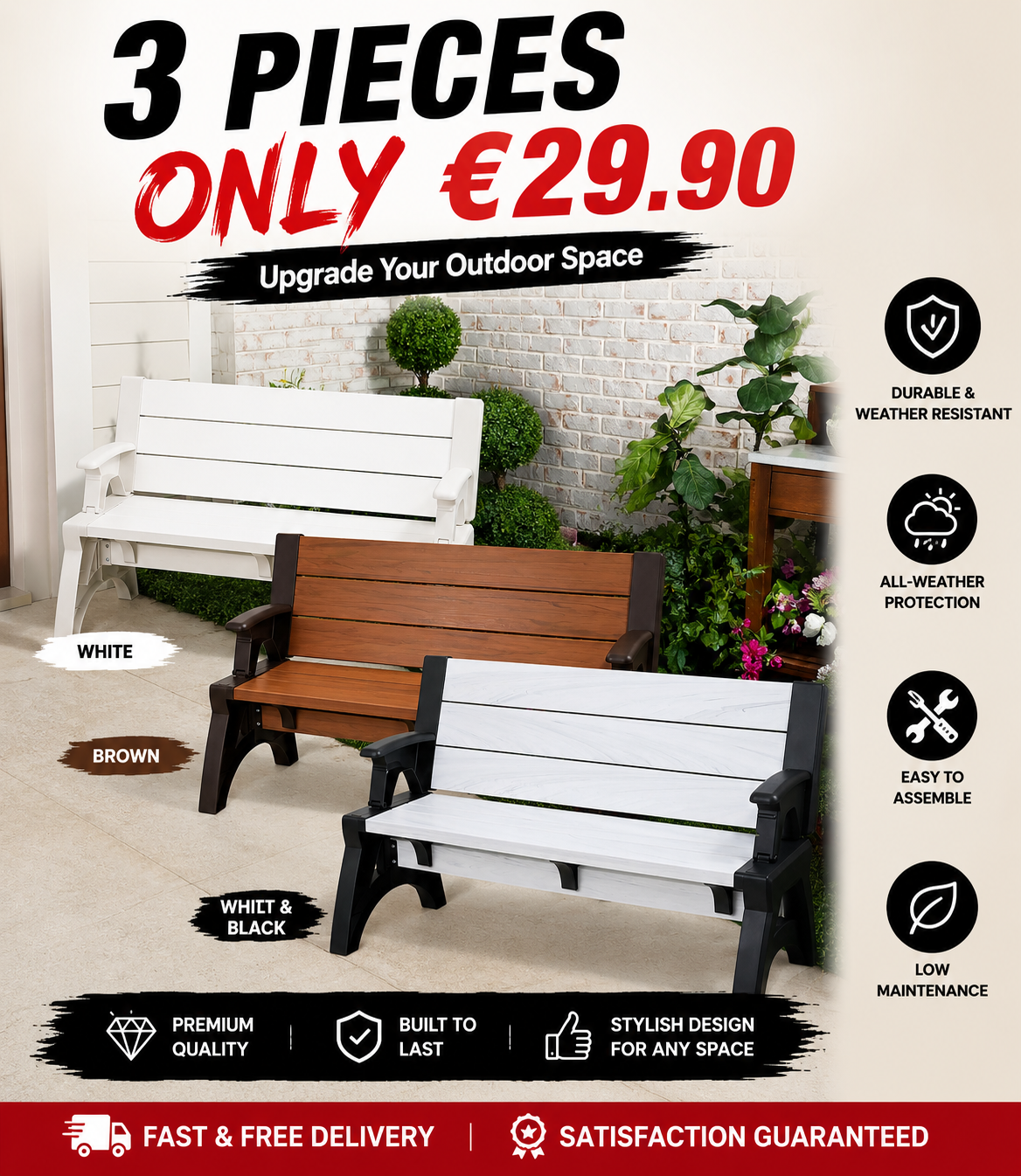 Plastic Wood All Weather Outdoor Garden Bench