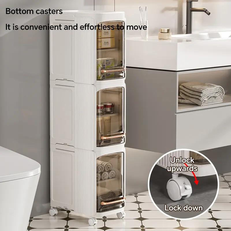 HULIABU 5-Layer Tall Narrow Plastic Storage Organizer - Slim Rectangular Cabinet with Doors, Adjustable Shelves, Wheels, Stackable Foldable Design, Under Sink Organization, Compartments, Ideal for Small Spaces, Renters,dorm essentials,home decor