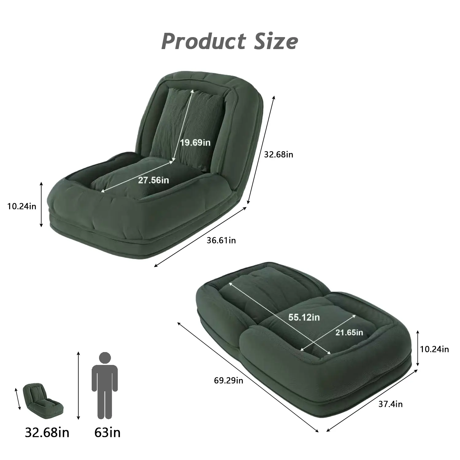 Premium Corduroy Foldable Floor Sofa Bed | 5-Position Adjustable Lounge for Small Spaces
