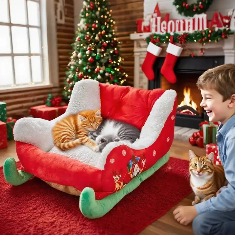 Festive Christmas Sleigh Pet Bed, Soft Plush Holiday Nest for Cats & Dogs