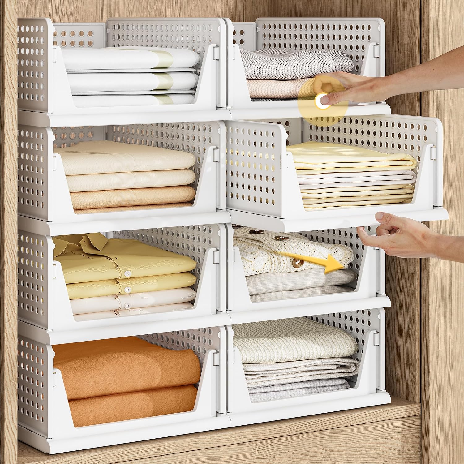 5 Pack Stackable Plastic Storage Closet Organizers and Storage Bins Drawer Shelf Storage Container for Wardrobe Cupboard Kitchen Bathroom Office White