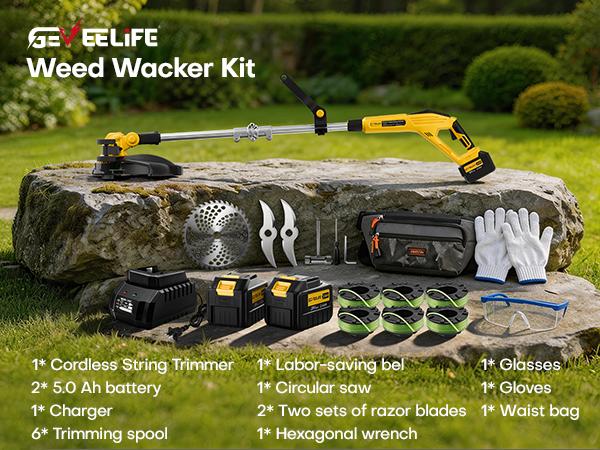 GEVEELIFE Bruchless Electric Weed Wacker String Trimmer,21V Cordless Weed Eater and Edger, 15'' Cutting Width with 2*5.0Ah Batteries Powered Brush Cutter, 4 in 1 Lawn Mower , Eco Friendly Grass Cutter,