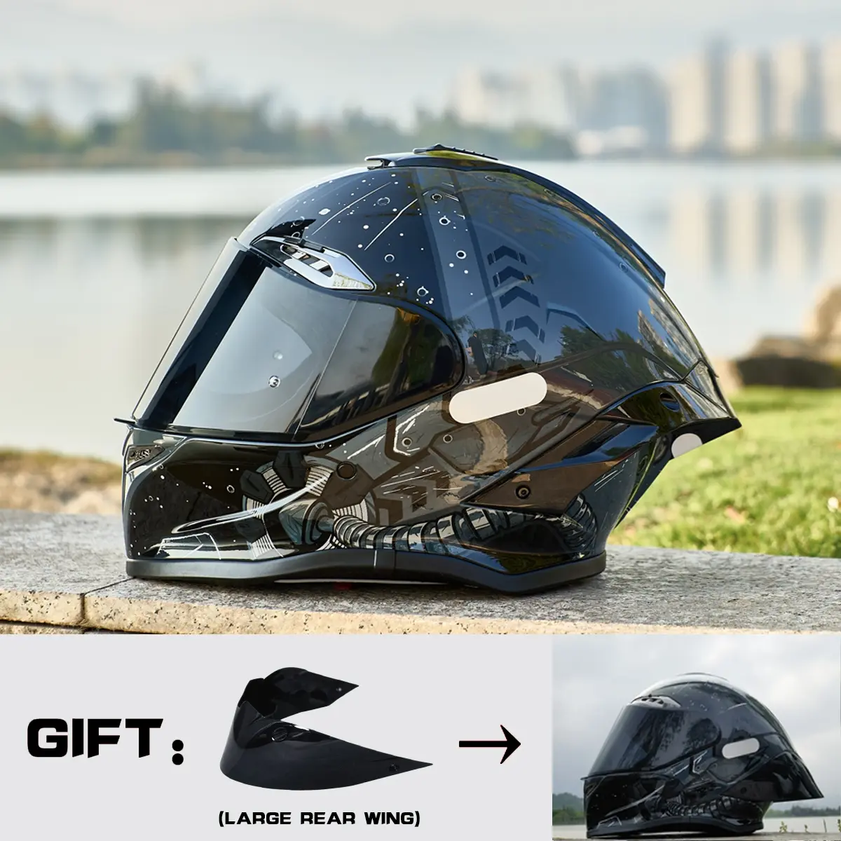HULIABU Brand Full-Face Motorcycle Helmet, A large tail fin is given as a gift.Abs Material with Eps Liner, Multiple Ventilation, Sunshade Lenses, Unisex All-Season Commuter Helmets