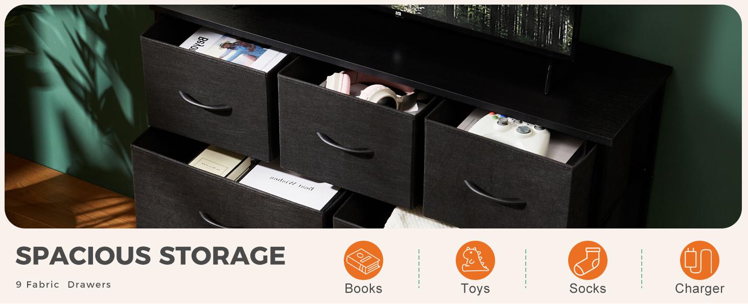 【Summer Sale】Sweetcrispy 9 Drawers Dresser for Bedroom, Storage Drawers, Fabric Storage Tower Chest of Drawers with Fabric Bins, Sturdy Metal Frame