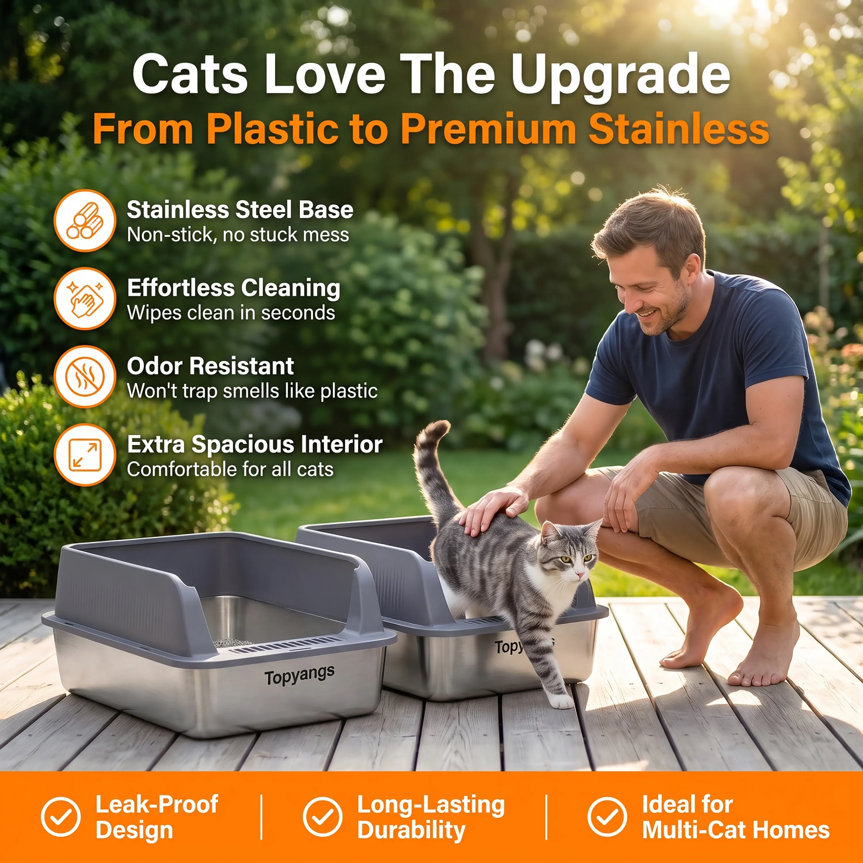 Topyangs 2-Pack Stainless Steel Cat Litter Box, Extra Large High Anti-Splash Sides, Leak-Proof Non-Stick Metal Litter Pans, Easy to Clean, Comes with 2 Litter Scoops, Ideal for Multi-Cat Families