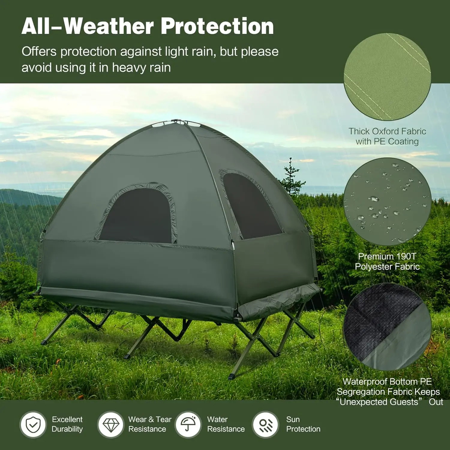 5-in-1 Tent Cot, Camping Tent Combo with Awning, Air Mattress, Sleeping Bag, Air Pillow, Camping Cot, with Carrying Bag for Outdoor Hiking