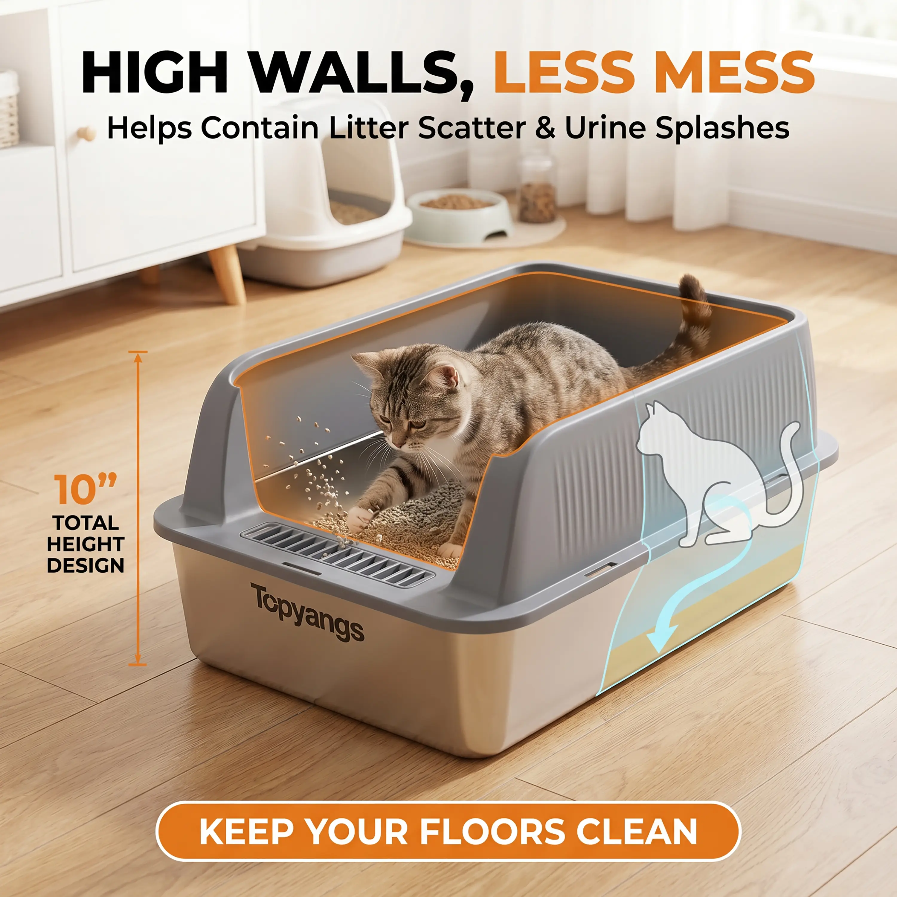 Topyangs 2-Pack Stainless Steel Cat Litter Box, Extra Large High Anti-Splash Sides, Leak-Proof Non-Stick Metal Litter Pans, Easy to Clean, Comes with 2 Litter Scoops, Ideal for Multi-Cat Families