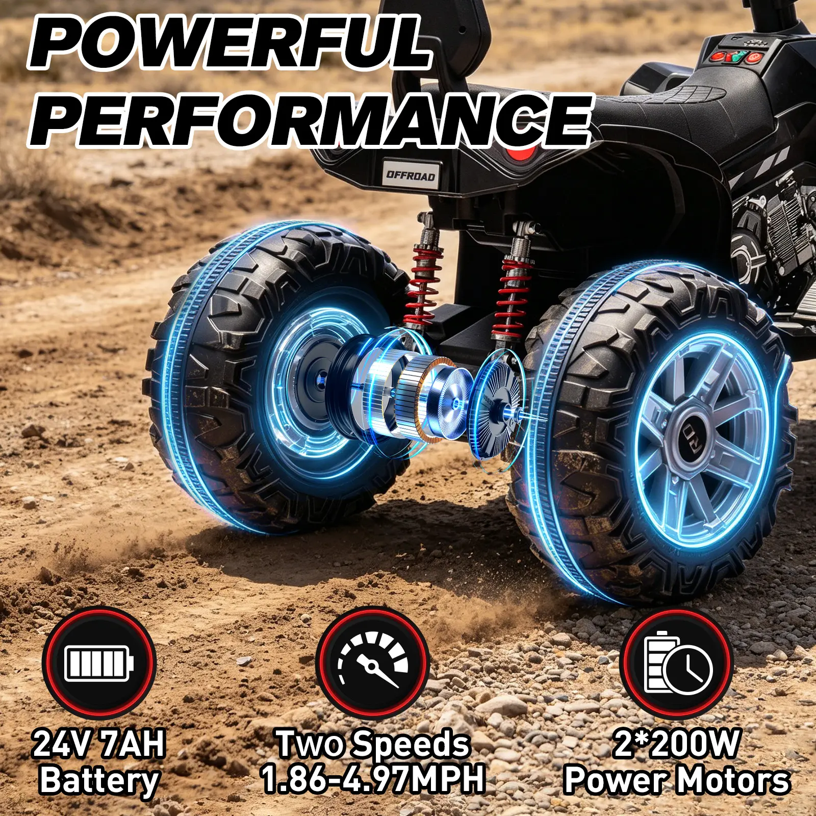 2026 Upgraded 24V Kids ATV 4-Wheeler Ride-On Car, Dual Drive, LED Lights, Bluetooth, USB, Spring Suspension, High/Low Speed, for Boys & Girls (Ages 3–8) Ride On Tractor