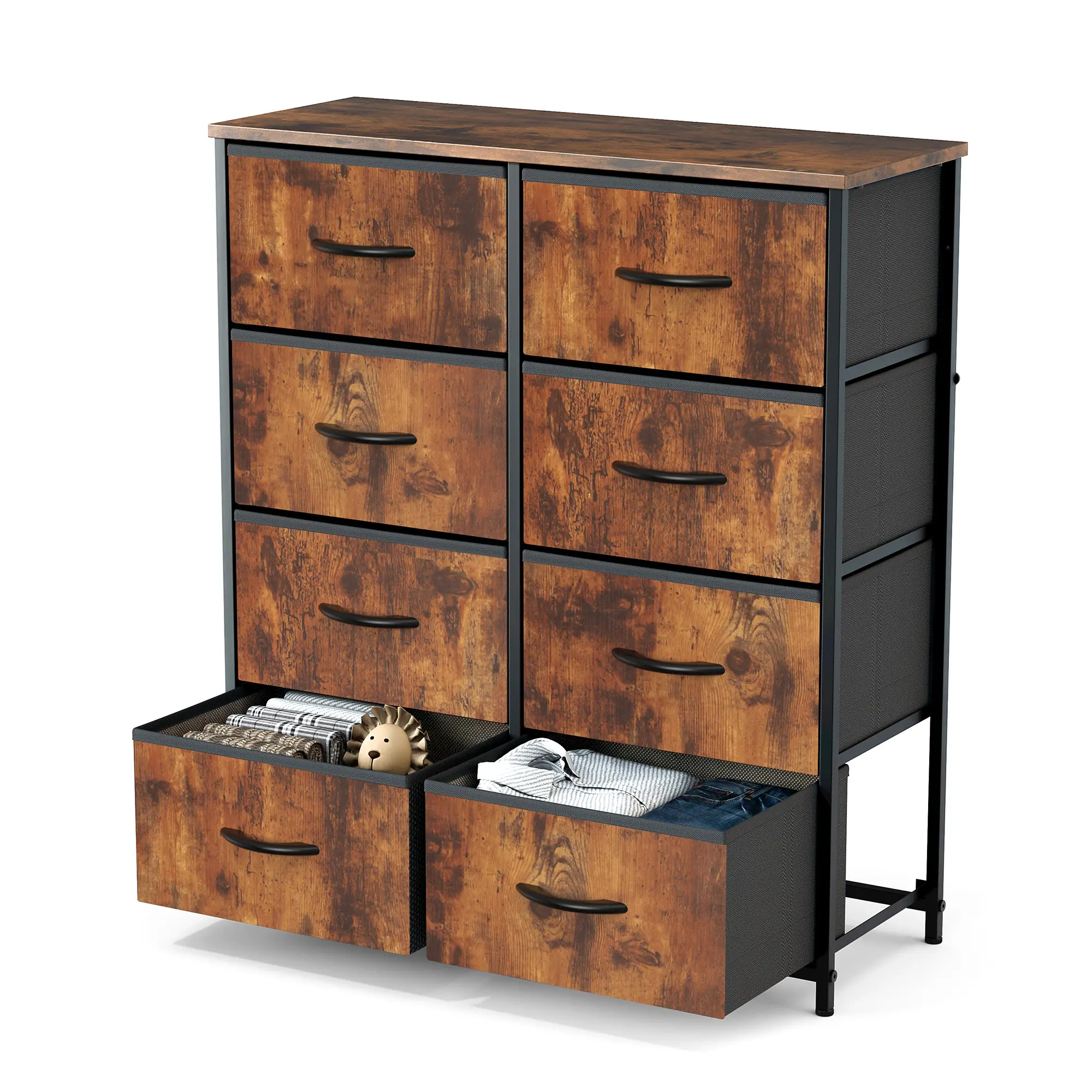 Dresser for Bedroom Drawer Dresser Organizer Storage Drawers Fabric Storage Tower, Chest of Drawers with 8 Fabric Bins, Steel Frame, Wooden Top