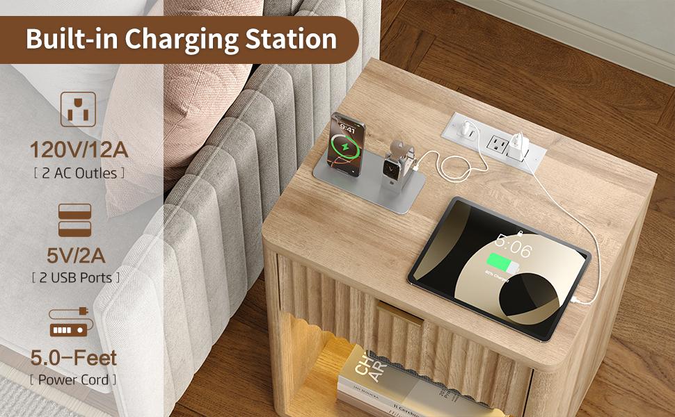 FUSOU Oak Bedside Cabinet Nightstand with Charging Station, Large LED Side Table with Adjustable Lighting Modes, Drawer & Storage Shelf, Modern Wood End Table for Home Bedroom, Living Room Decor, House Decor,dorm essentials,home decor