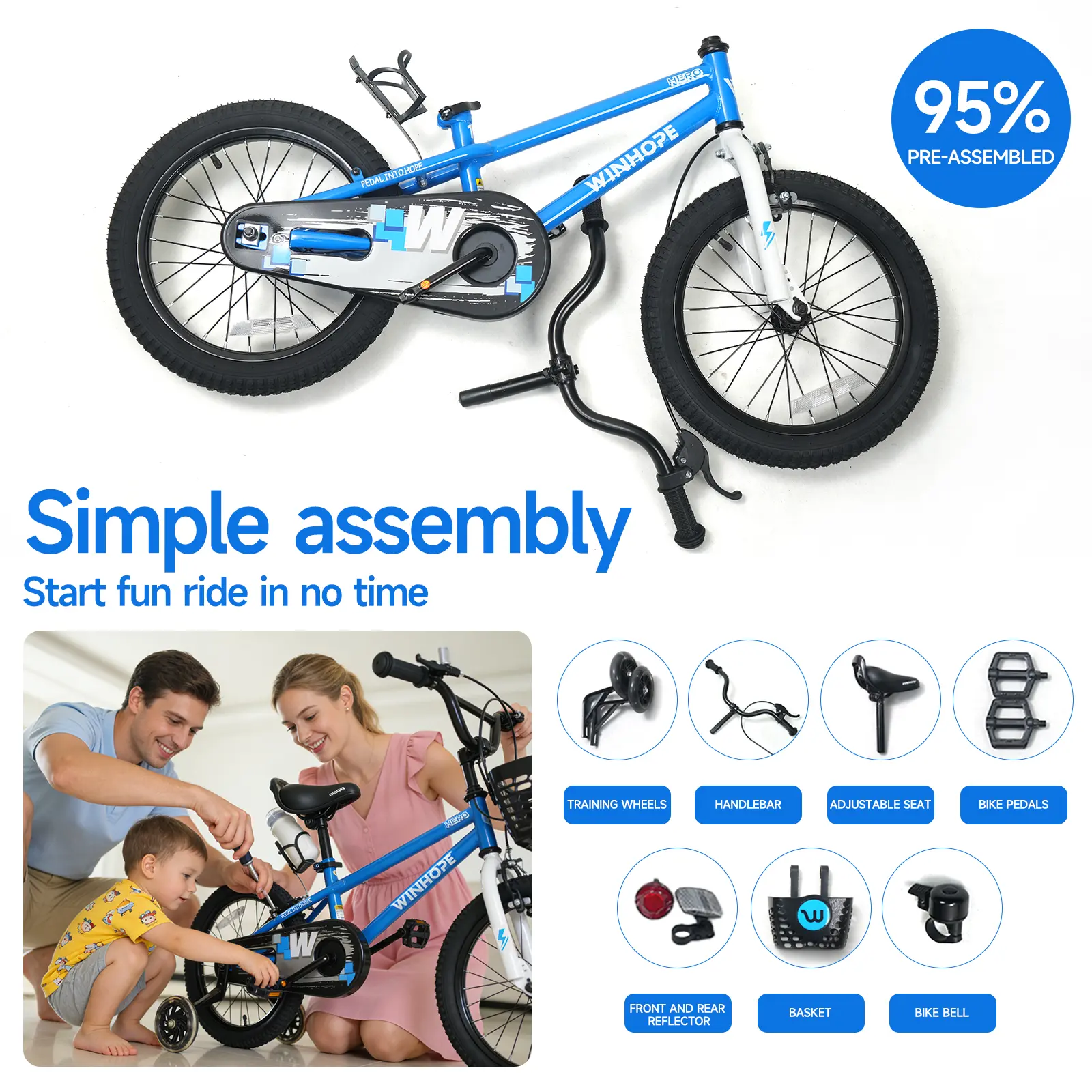 WINHOPE Hero Kids Bike for Ages 2–9 | 12–18 Inch with LED Training Wheels, Front Basket & Water Bottle Holder | 95% Pre-Assembled, Dual Brakes, Adjustable Seat & Handlebars