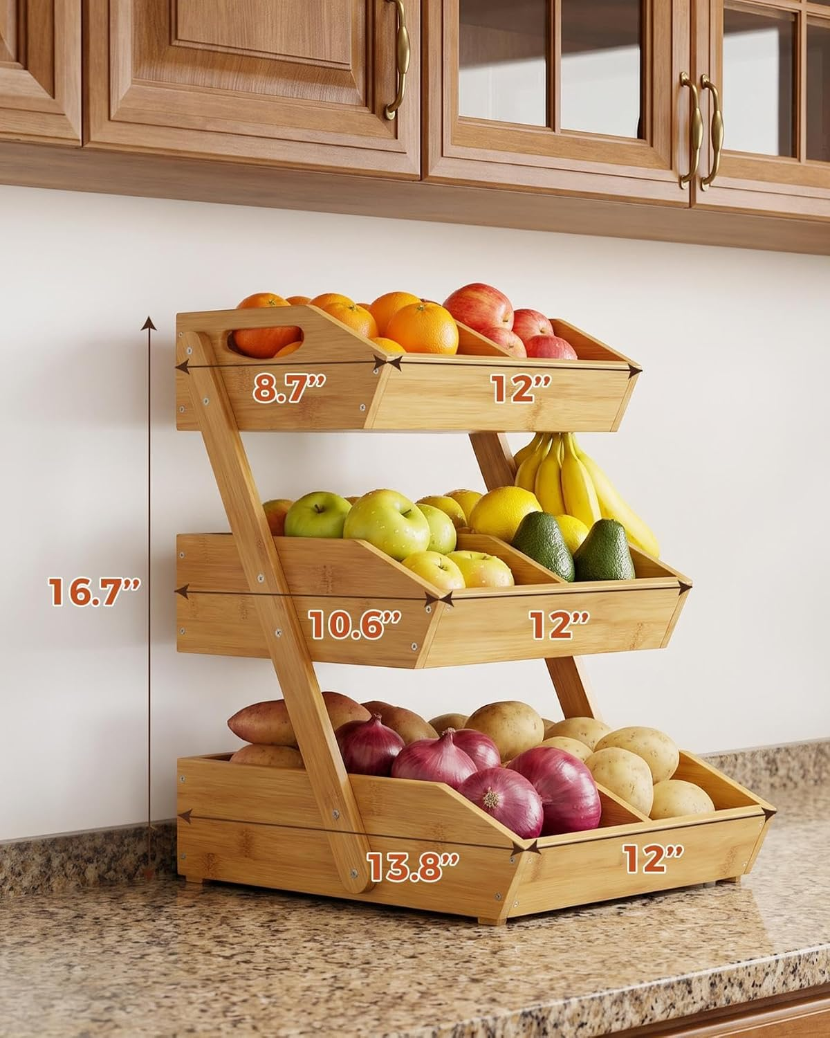 3-Tier Bamboo Fruit & Vegetable Organizer with 2 Banana Holders, Space-Saving Kitchen Countertop Storage