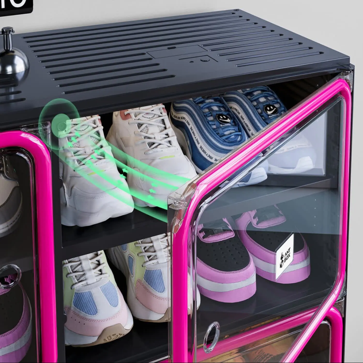 8 Tier Colorful Shoe Storage Cabinet, Black & Red Stackable Foldable Shoe Organizer with Magnetic Clear Doors, Large Capacity Sneaker Storage Cabinet for Bedroom, Closet & Apartment